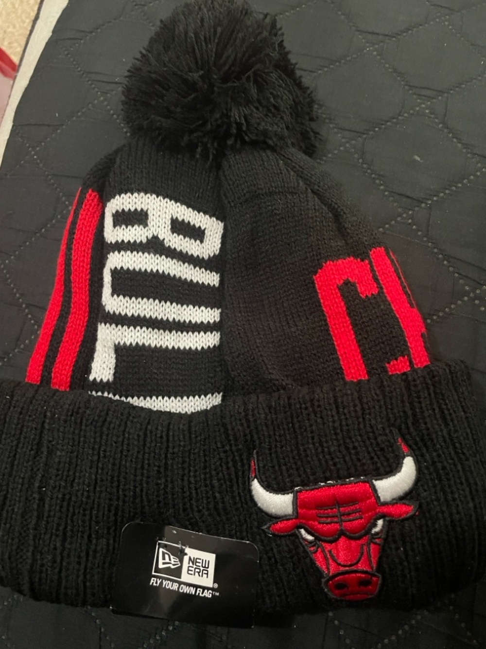 New Era Chicago Bulls Black Knit Pom Beanie with Red & White Accents